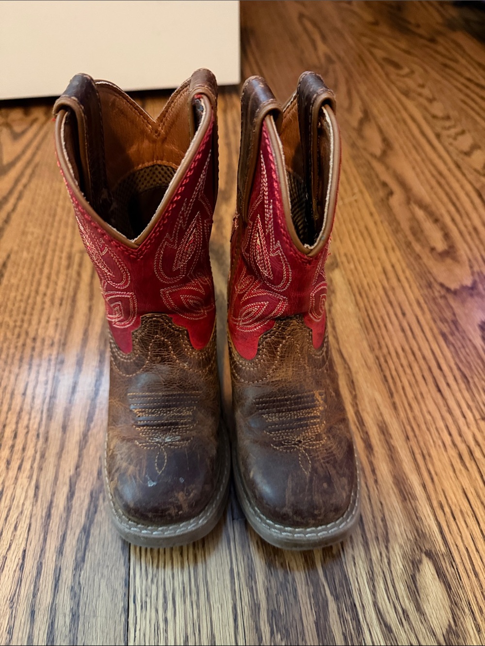 Justin Boots Brown Leather Kids Cowboy Boots with Red Embroidered Shaft